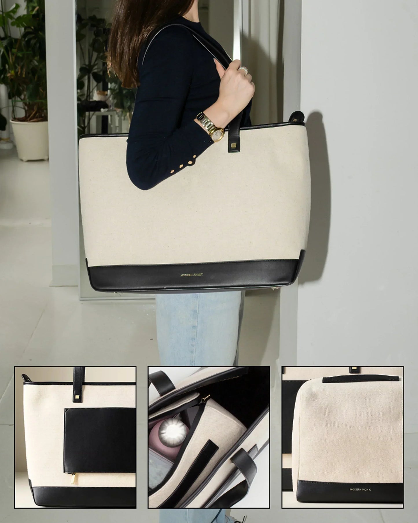 Cream canvas tote with black vegan leather trim, insulated lunch bag for work or travel, stylish everyday carry