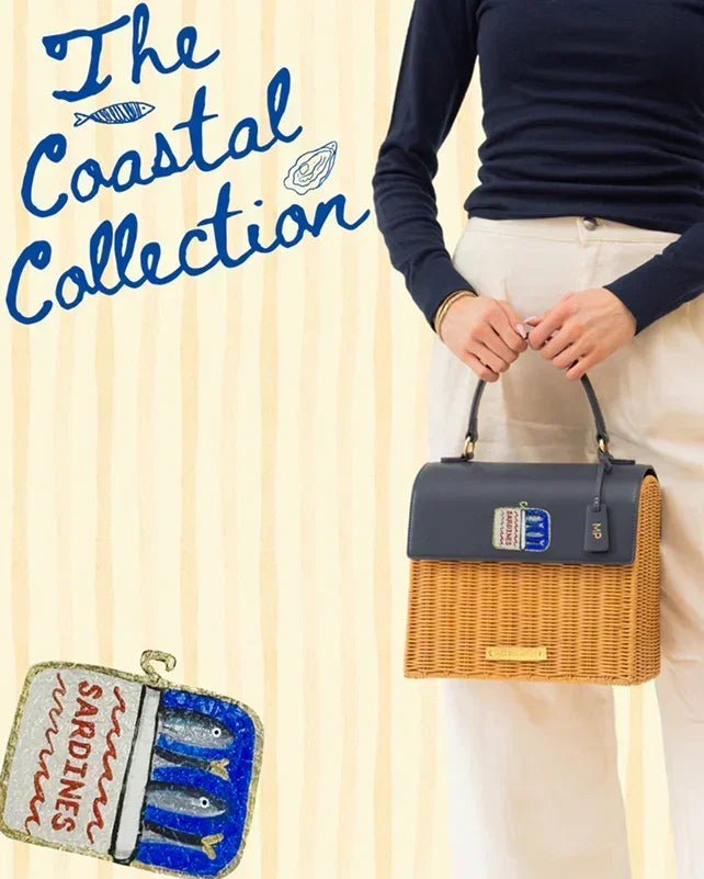 Coastal Collection wicker tote with navy top, styled for chic everyday use
