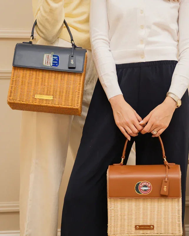 Stylish wicker lunch totes with vegan leather tops, perfect for work or picnics