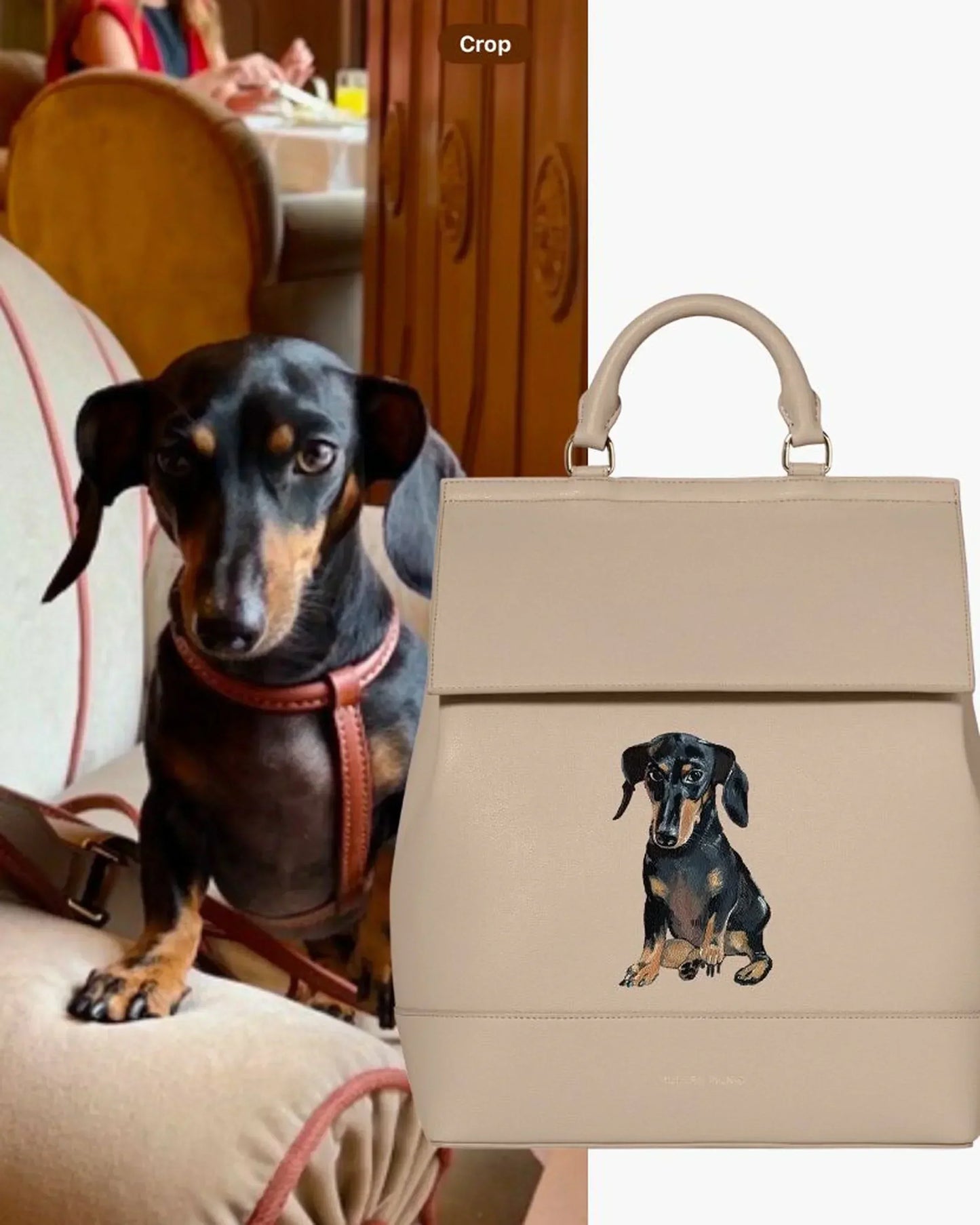 Beige vegan leather tote with dachshund print, styled with real dog in cozy indoor setting