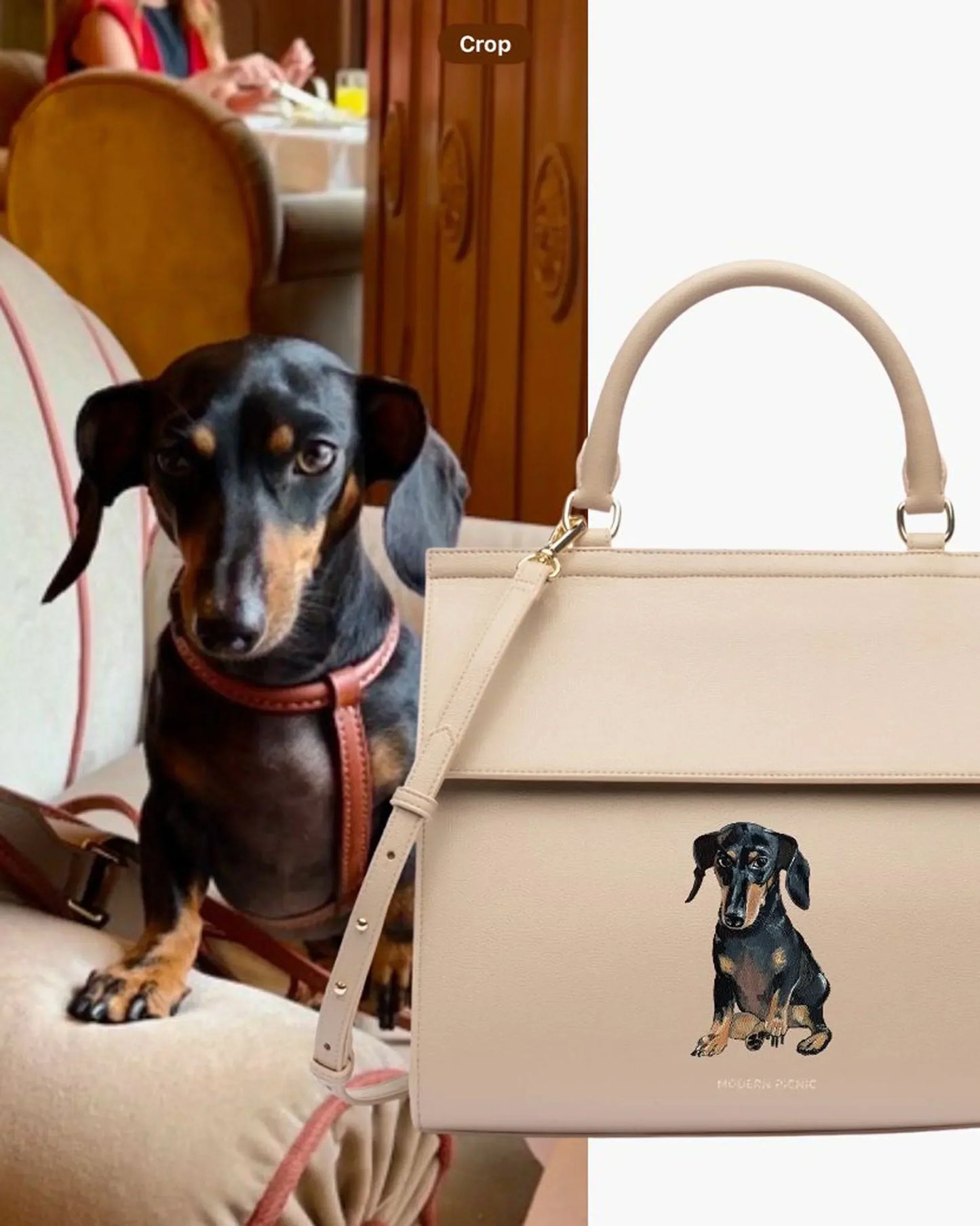 Cream vegan leather tote with dachshund print, matching real dog on chair, chic lunch bag style