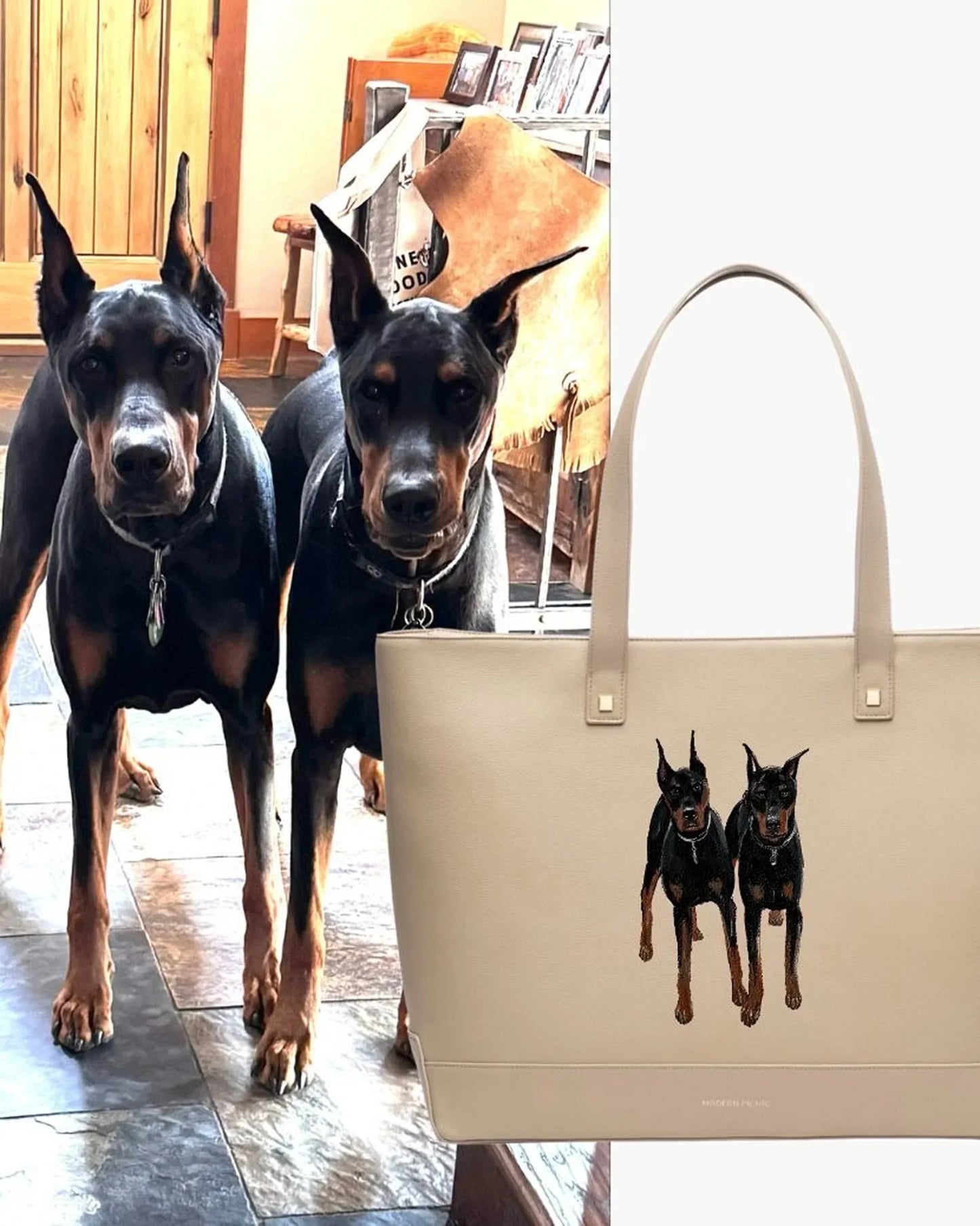 Beige vegan leather tote bag with Doberman print, styled with two real Dobermans for chic everyday carry.