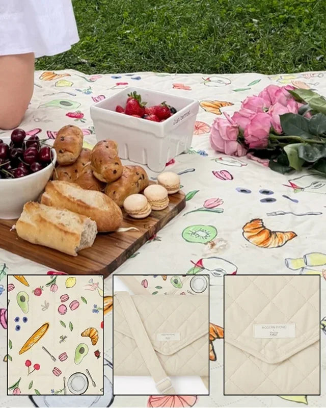 Chic picnic blanket with food print, paired with quilted vegan leather lunch bag for stylish outdoor dining