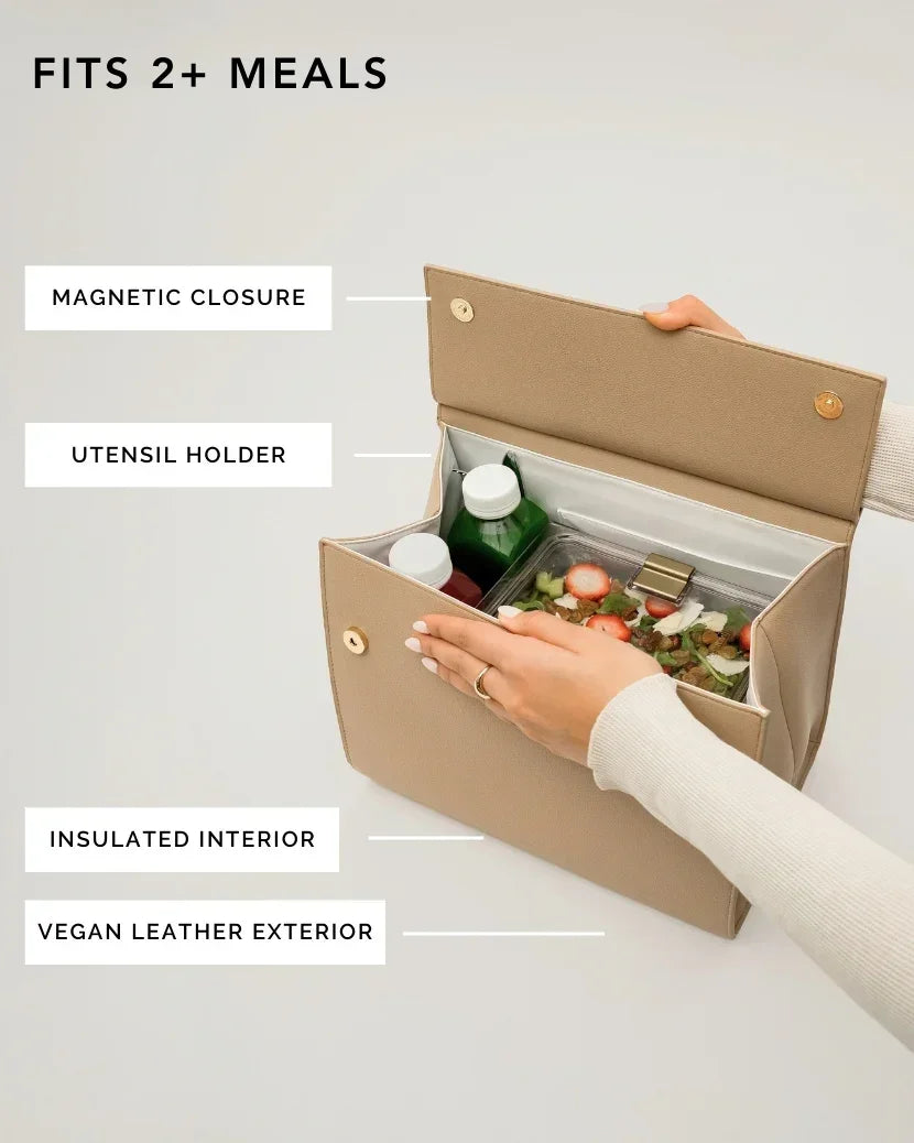 Beige vegan leather lunch bag with insulated interior, magnetic closure, and utensil holder, fits 2+ meals