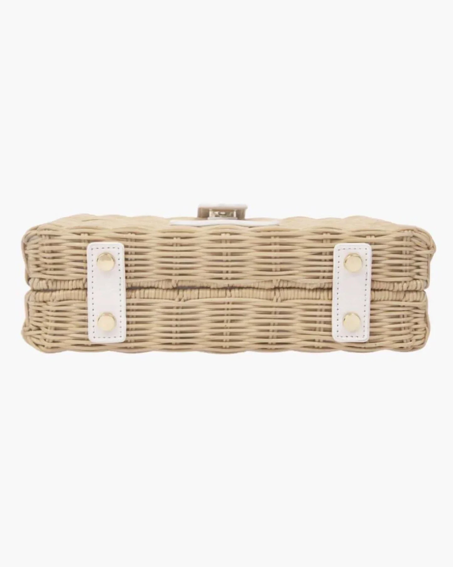 Woven wicker lunch box with white vegan leather straps and gold hardware, chic insulated picnic tote