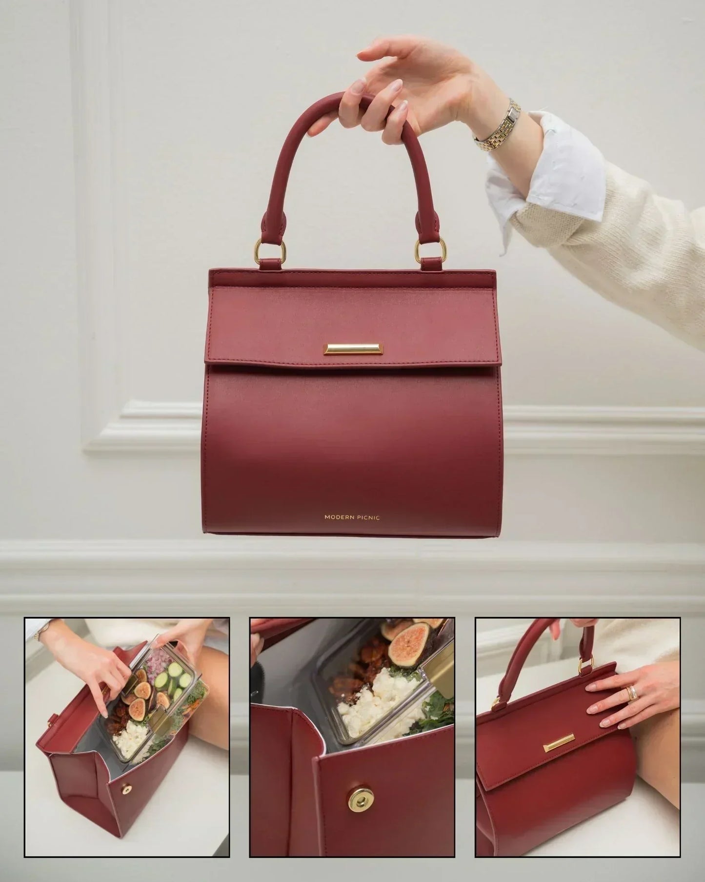 Burgundy insulated vegan leather lunch bag styled as a chic handbag, shown with food container inside.