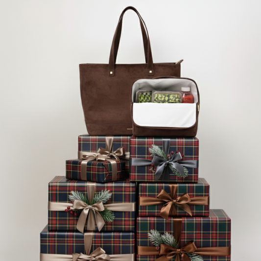 Brown insulated lunch tote and open food container bag on plaid gift boxes with festive bows