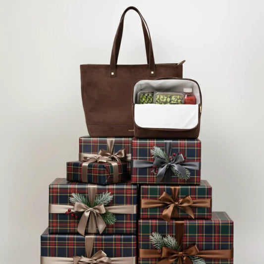 Brown vegan leather insulated lunch tote with plaid gift boxes, perfect for holiday gifting and picnics