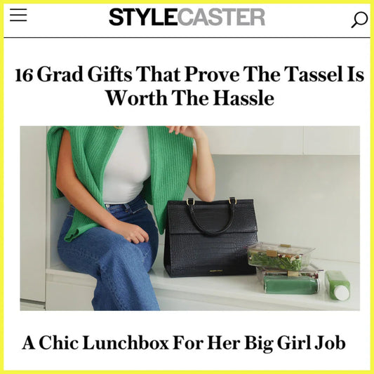 Chic black vegan leather lunch tote with meal prep containers, perfect for work or grad gifts