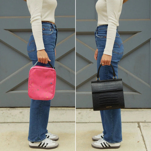 Side by side comparison of a woman holding a pink lunch bag and a black insulated tote purse