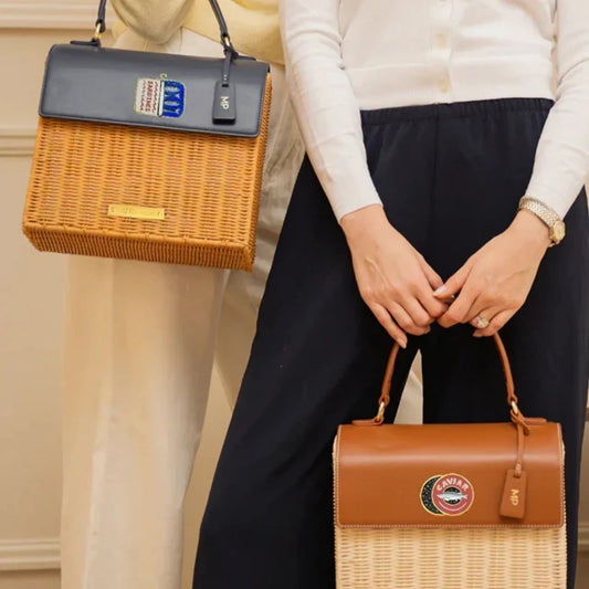 Stylish woven lunch totes with vegan leather tops, perfect for work or picnics. Chic, insulated bags for everyday use.