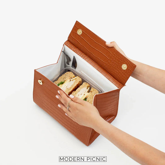 Brown croc-texture insulated lunch bag with sandwich container, perfect for work or travel