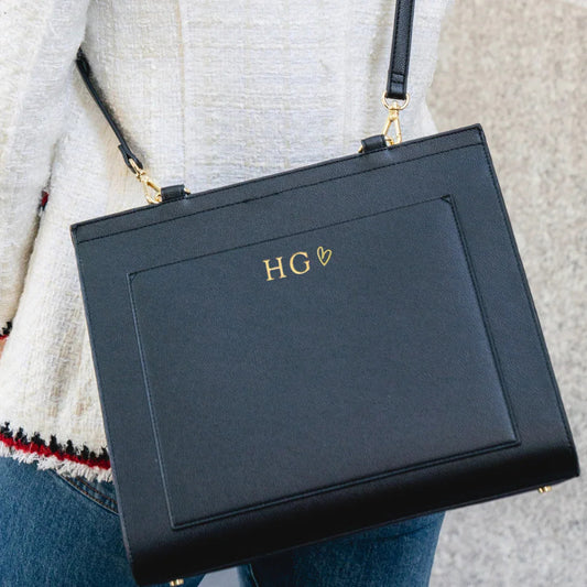 Black vegan leather tote with gold HG monogram, stylish work bag for everyday use