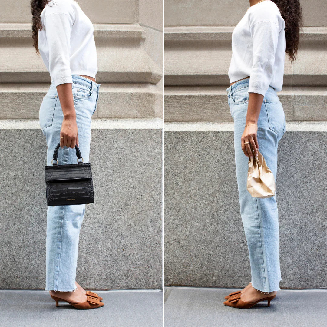 Woman holding black croc-texture lunch tote vs paper bag, styled with jeans and heels for work or travel
