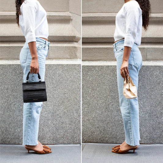 Woman holding black croc-texture lunch tote vs paper bag, styled with jeans and heels for work or travel