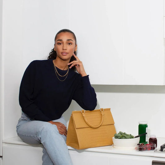 Stylish mustard yellow insulated lunch tote with textured finish, perfect for work or travel