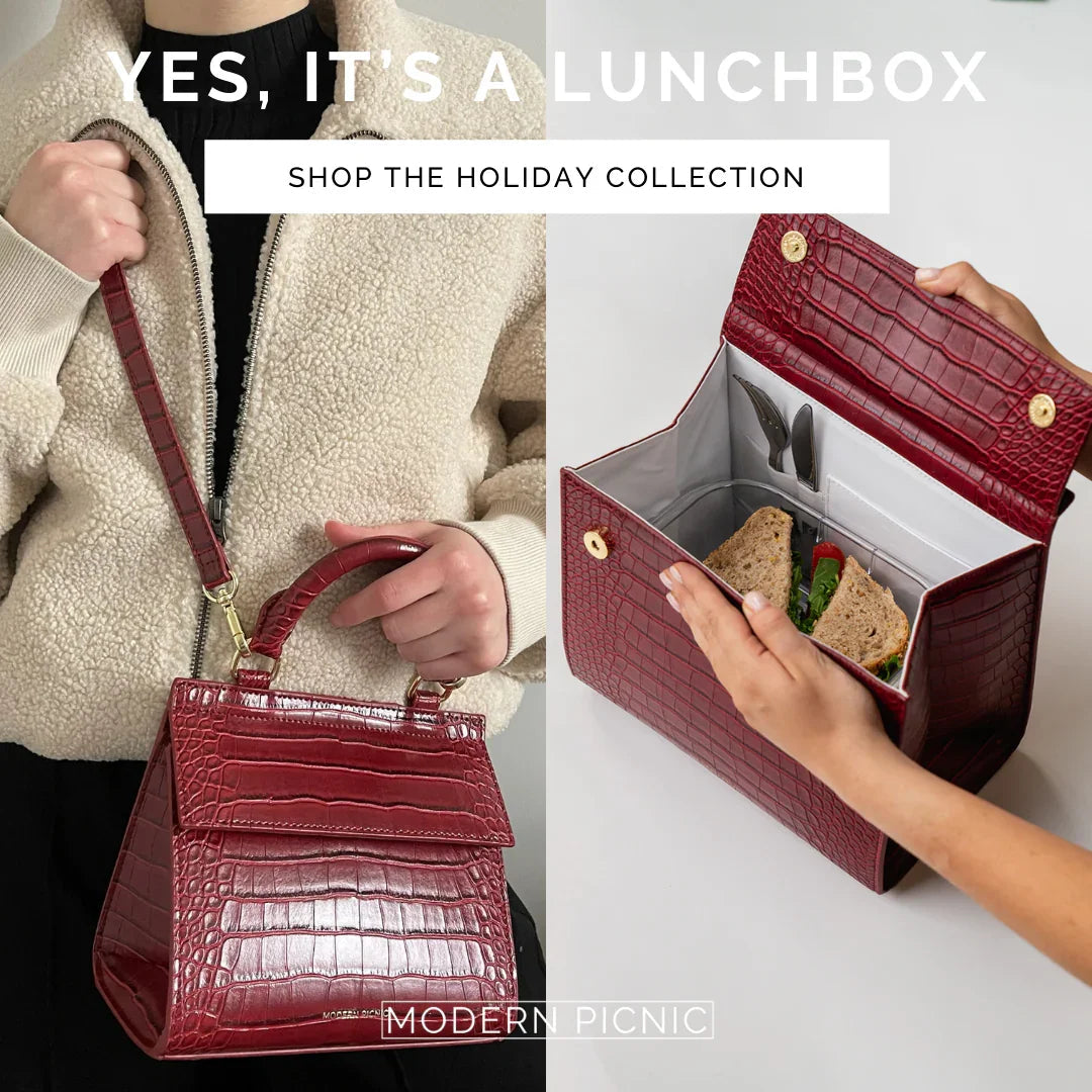 Stylish burgundy croc-texture insulated lunch bag with sandwich, perfect for work or travel