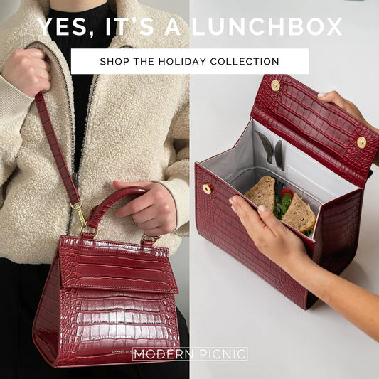 Stylish burgundy croc-texture insulated lunch bag with sandwich, perfect for work or travel