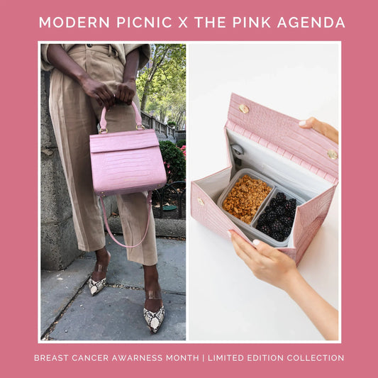 Pink croc-texture insulated lunch bag with granola & berries, styled for work or travel