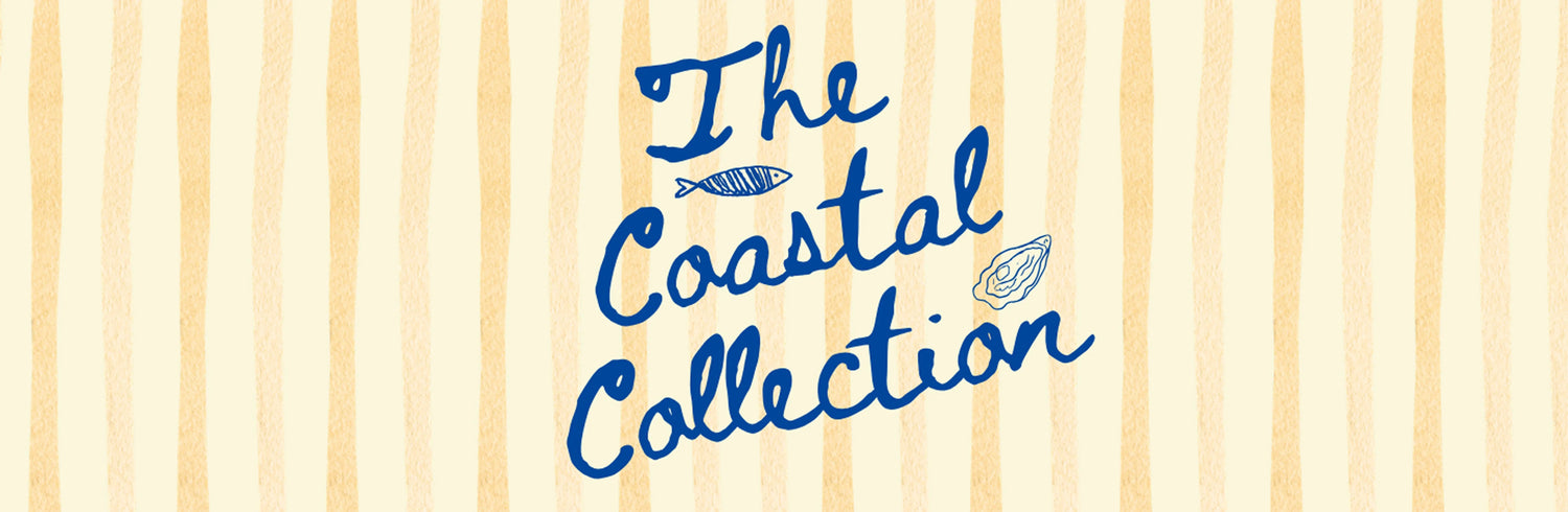 The Coastal Collection text with fish and oyster icons on striped background