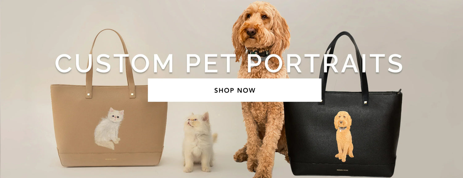 Custom pet portrait tote bags with dog and cat designs, chic vegan leather totes for everyday use.
