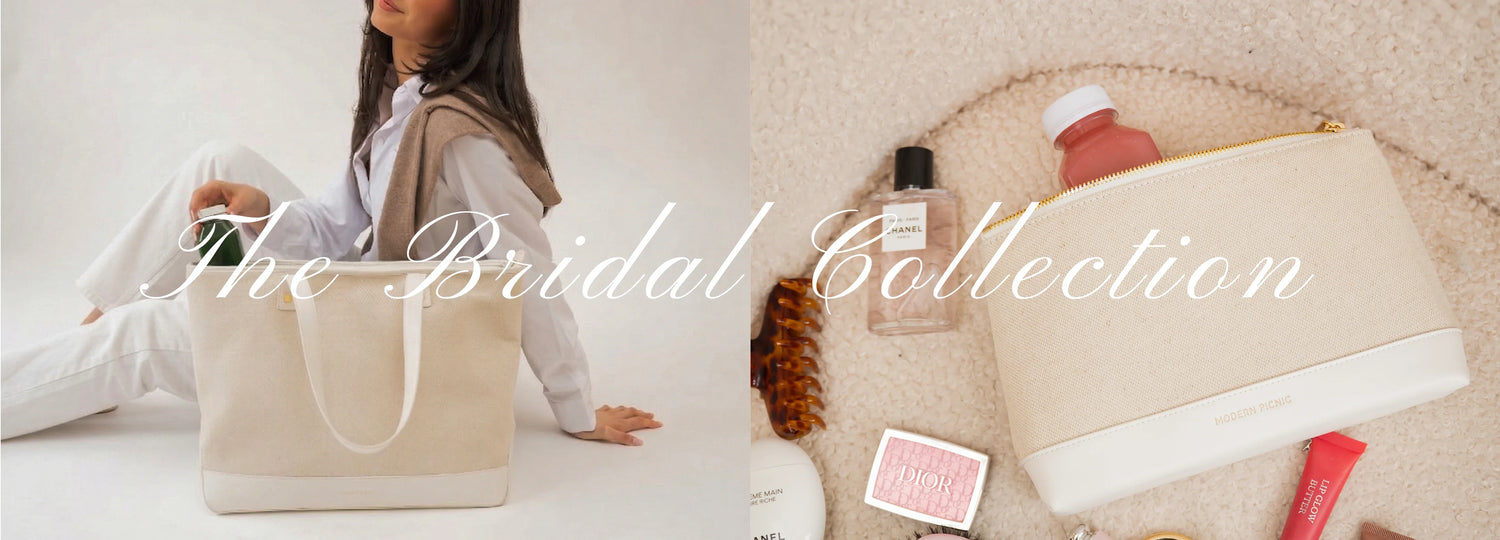 Chic beige insulated tote bag and makeup pouch, perfect for bridal and everyday essentials.