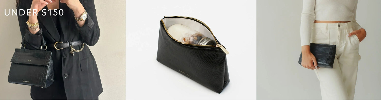 Chic black vegan leather lunch bags and clutches, stylish insulated for work and travel