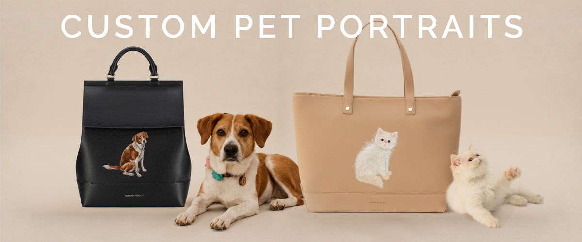 Custom pet portrait tote bags with dog and cat designs, chic vegan leather totes for everyday use.