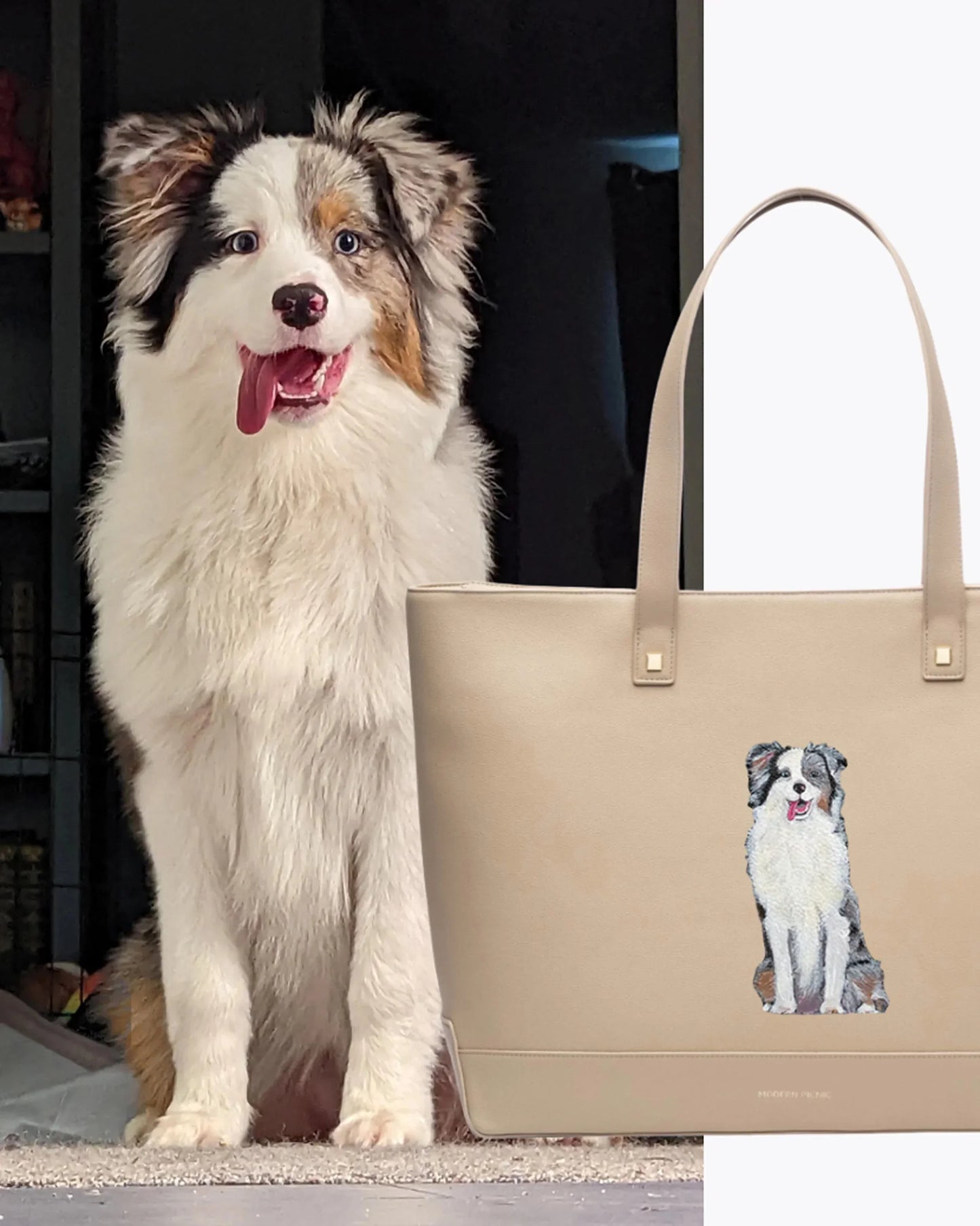 Happy Australian Shepherd beside beige tote bag with matching dog print, perfect for work or travel