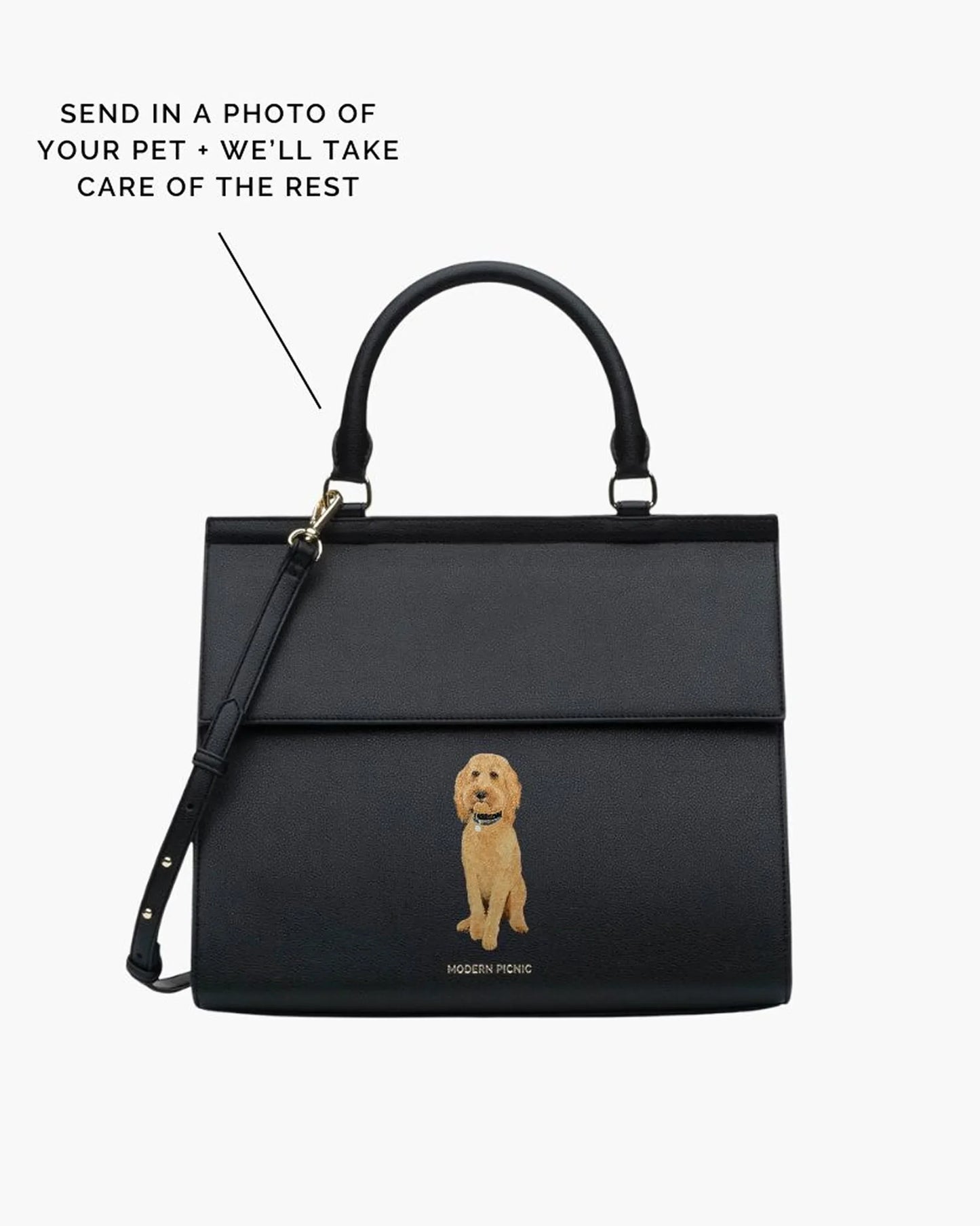 Black vegan leather tote with custom pet embroidery, personalized dog design, stylish work bag