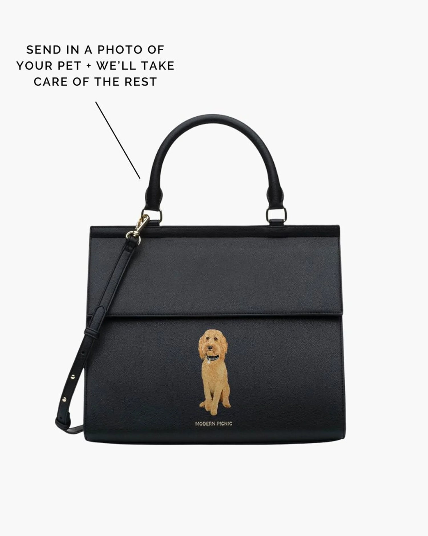 Black vegan leather tote with custom pet embroidery, personalized dog design, stylish work bag