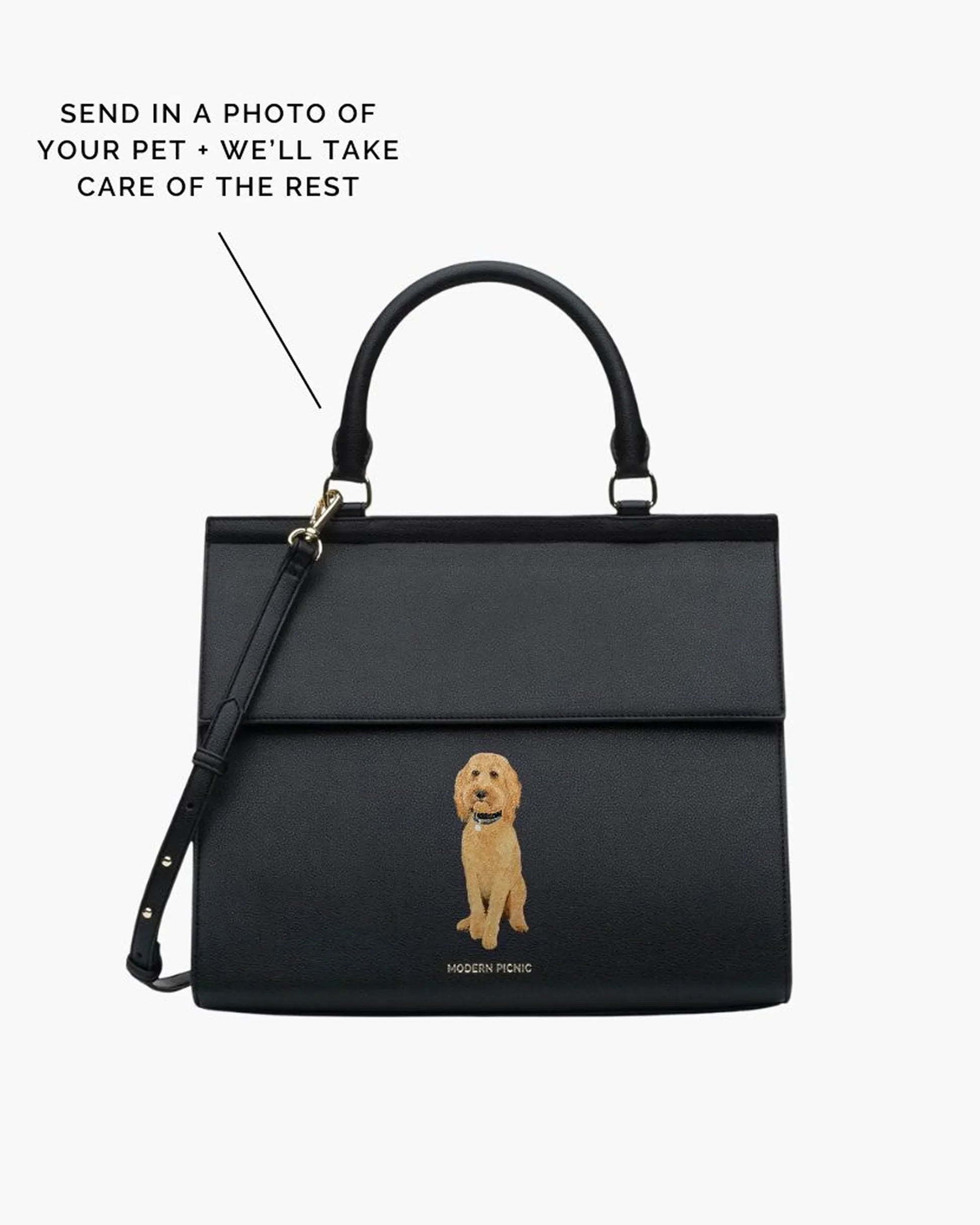 Black vegan leather tote with custom pet embroidery, personalized dog design, stylish work bag