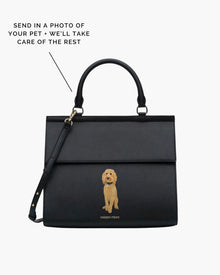 Black vegan leather tote with custom pet embroidery, personalized dog design, stylish work bag
