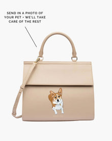 Beige insulated vegan leather lunch tote with custom painted corgi dog portrait on front