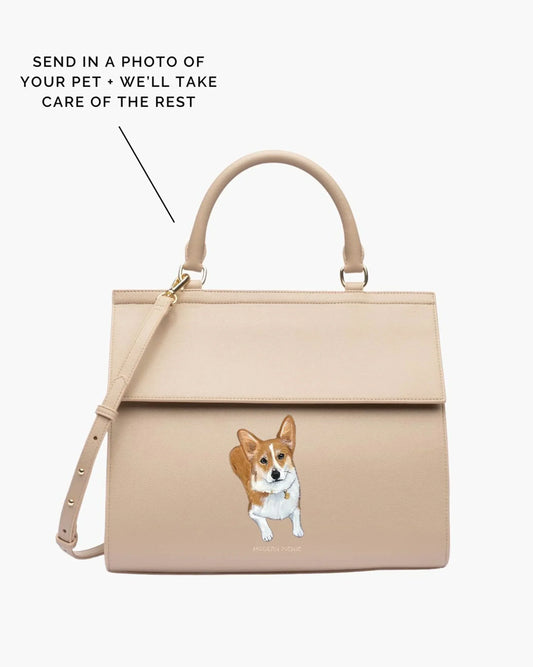 Beige insulated vegan leather lunch tote with custom painted corgi dog portrait on front