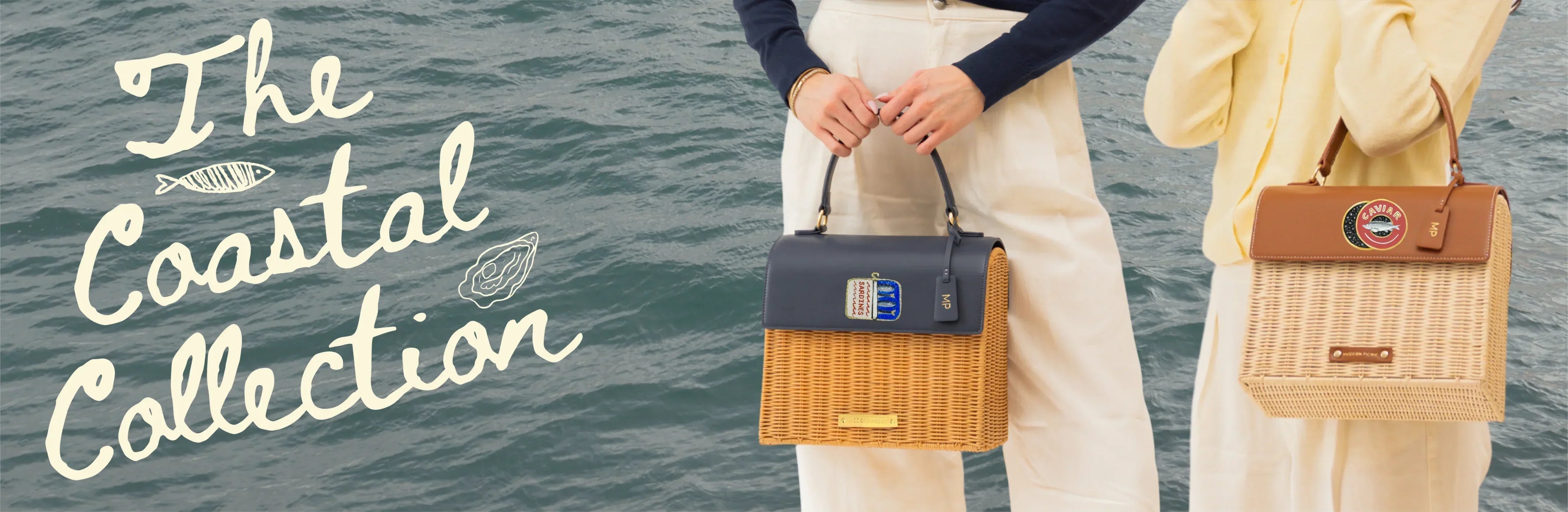 The Coastal Collection: stylish wicker tote bags with marine-themed patches, perfect for beach outings and everyday use.
