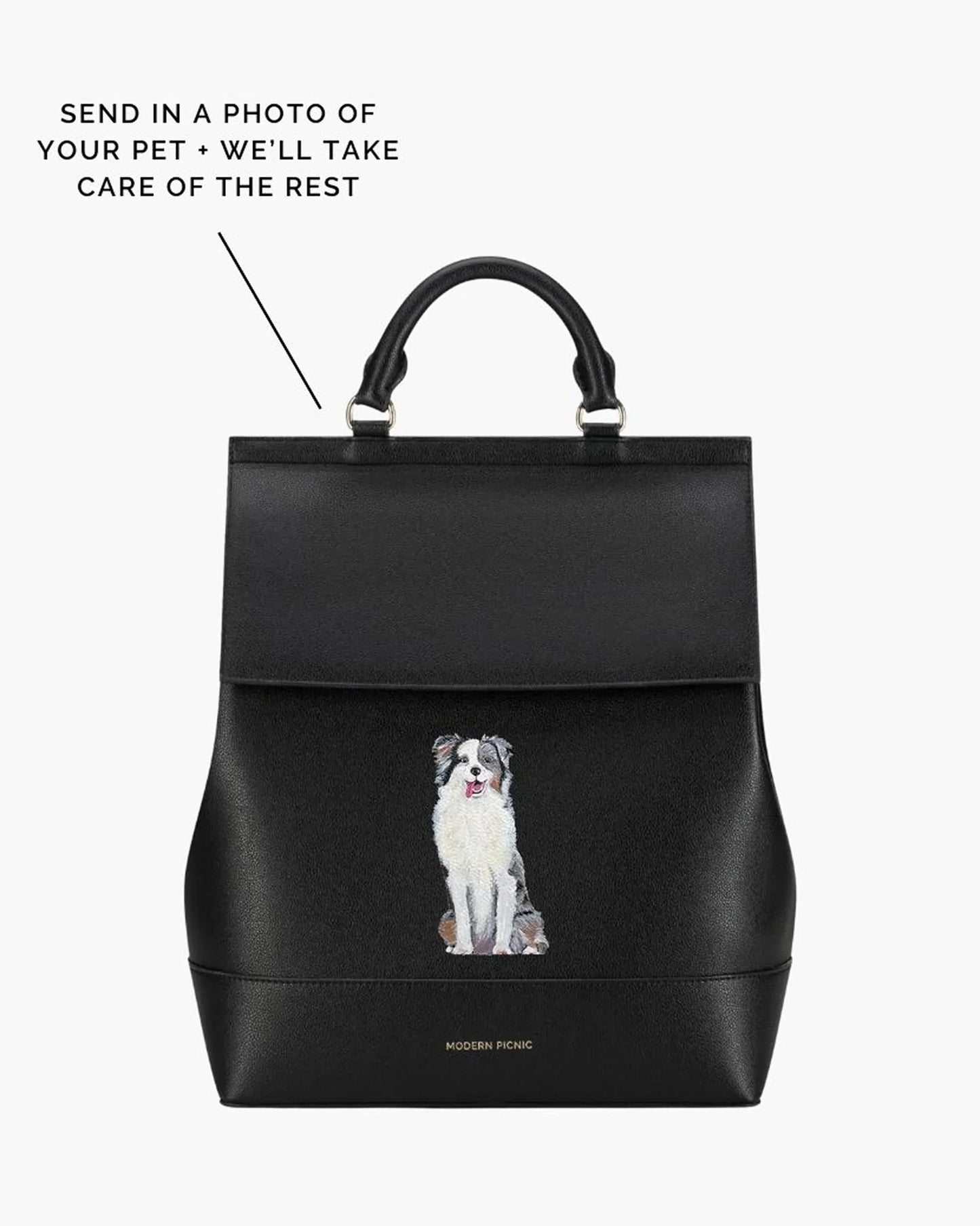 Black insulated lunch tote with custom embroidered dog, vegan leather bag for work or travel