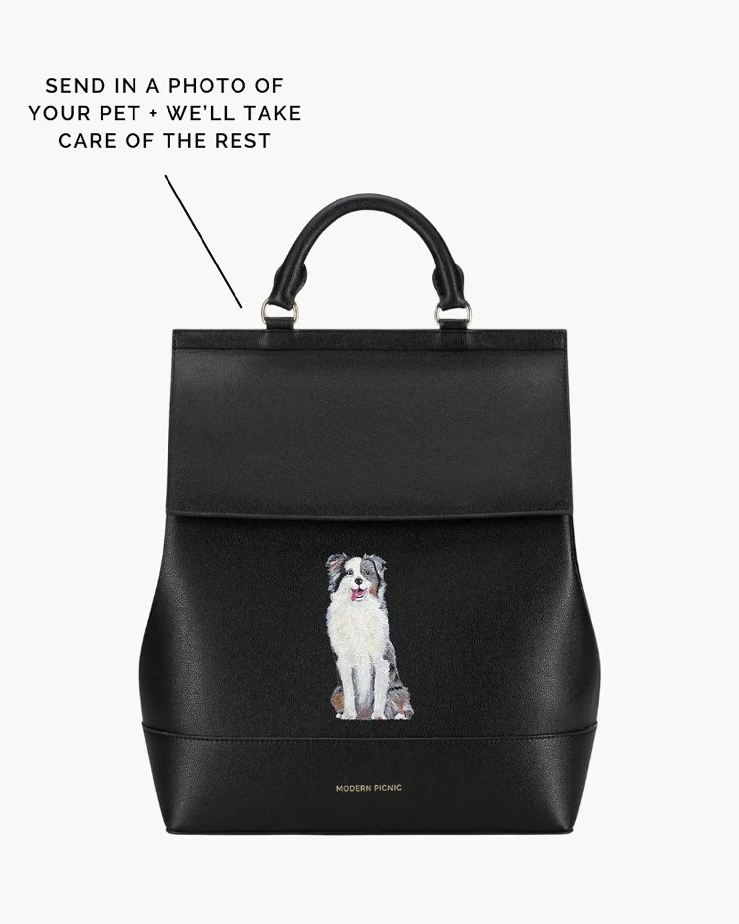 Black insulated lunch tote with custom embroidered dog, vegan leather bag for work or travel