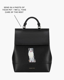 Black insulated lunch tote with custom embroidered dog, vegan leather bag for work or travel