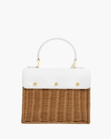 Chic woven insulated lunch bag with white vegan leather top handle and gold accents