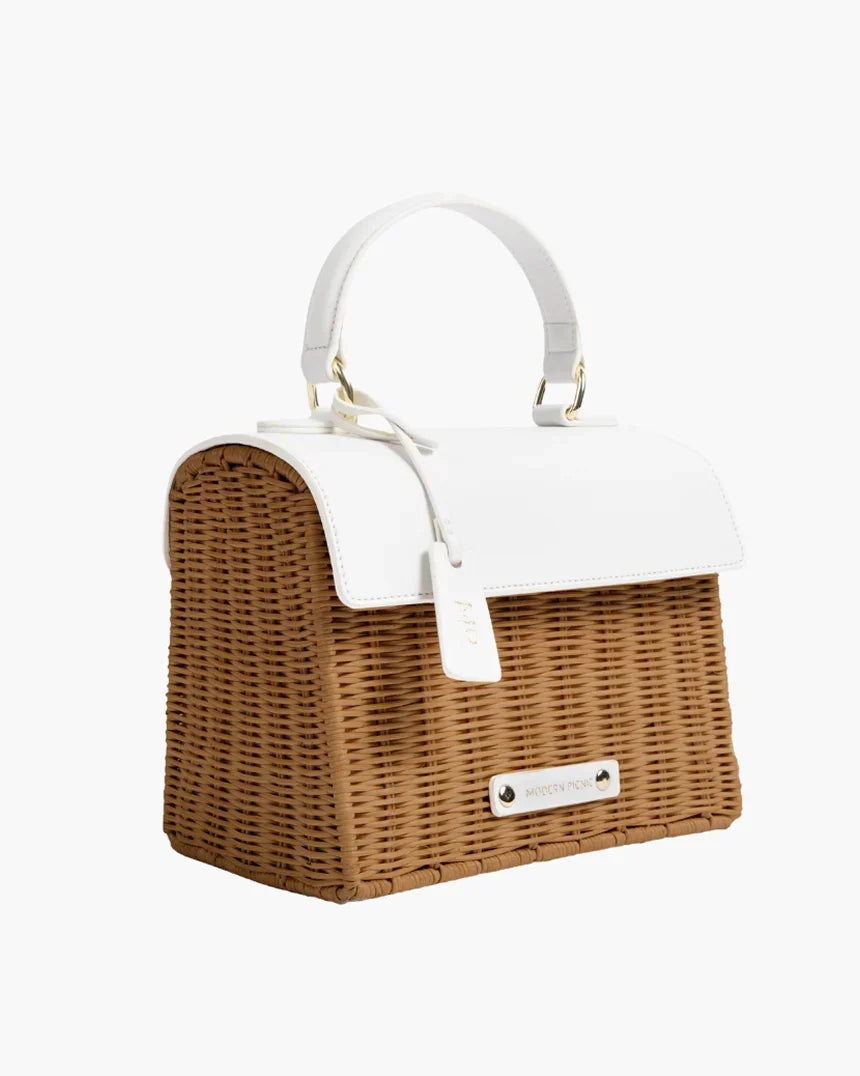 Chic insulated wicker lunch bag with white vegan leather top handle and flap