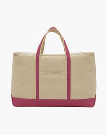 Beige insulated tote bag with maroon handles and trim, front pocket, on white background