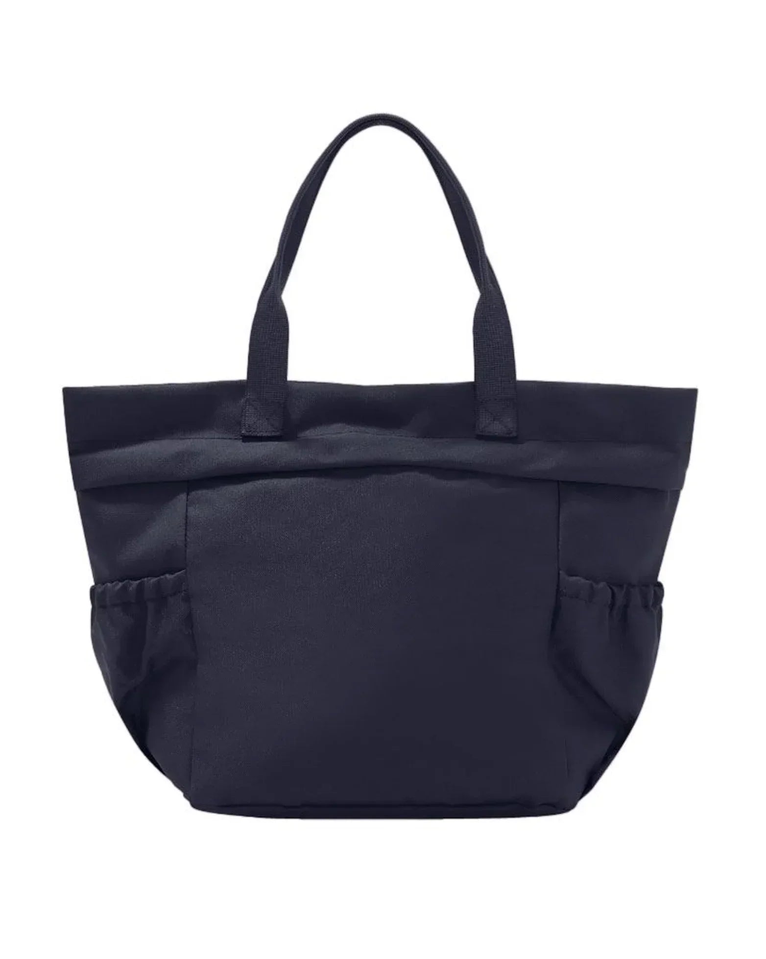 Navy blue insulated lunch tote with side pockets and sturdy handles for work or travel