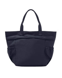 Navy blue insulated lunch tote with side pockets and sturdy handles for work or travel