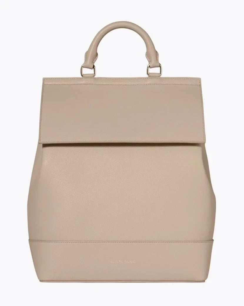 Beige vegan leather insulated lunch backpack with top handle, chic design for work or travel