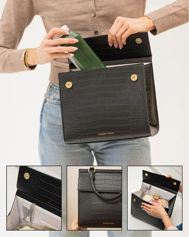 Designer Black Croc Lunch Box Purse: Insulated Vegan Leather Bag