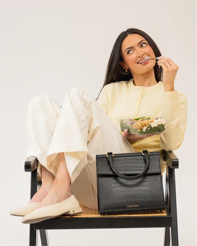 Designer Black Croc Lunch Box Purse: Insulated Vegan Leather Bag