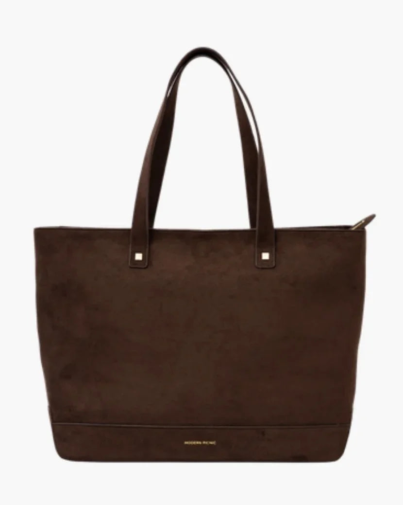 Brown vegan leather tote bag with top handles and gold hardware, ideal for work or travel