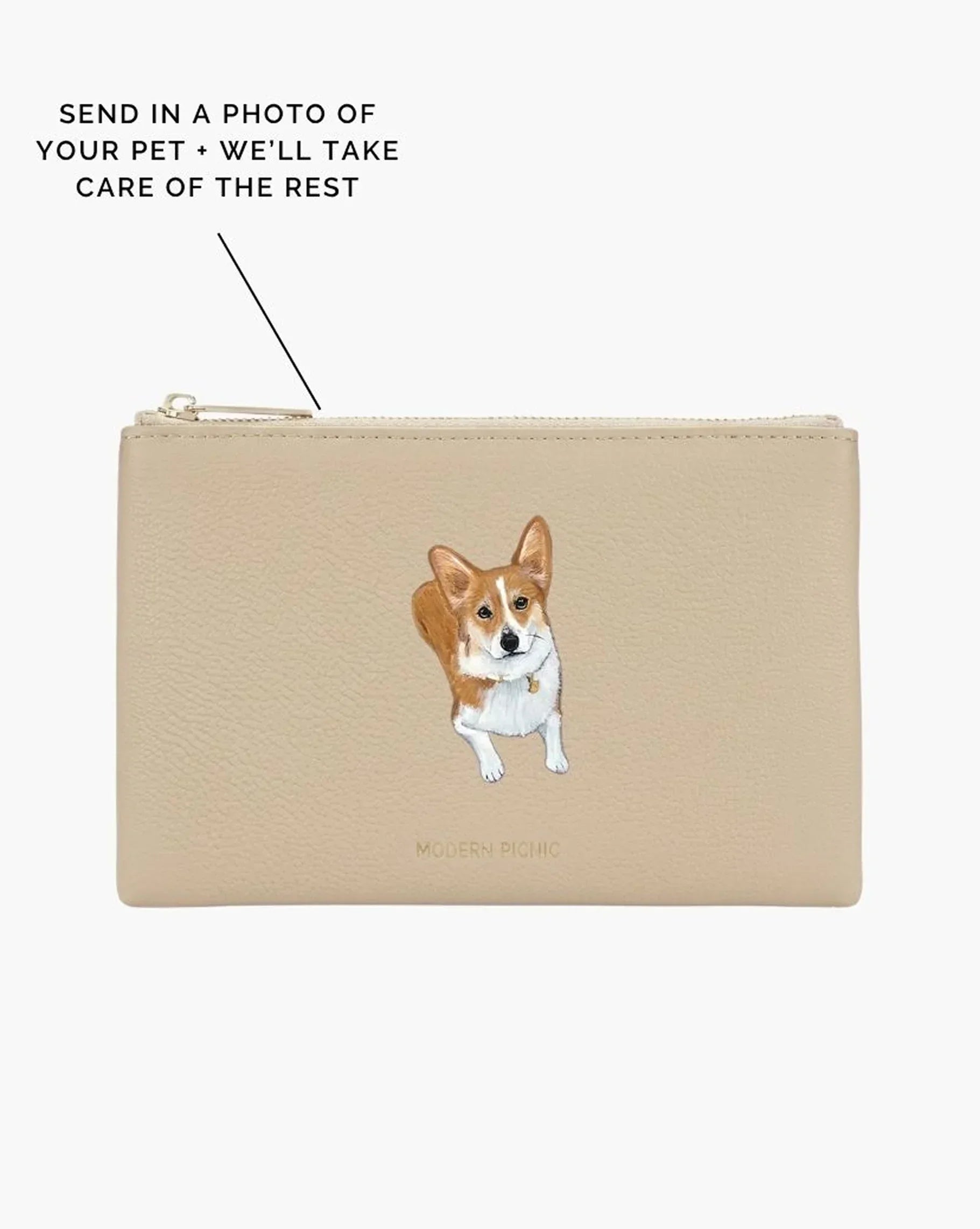 Beige vegan leather pouch with custom corgi pet portrait, perfect for stylish everyday use.