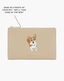 Beige vegan leather pouch with custom corgi pet portrait, perfect for stylish everyday use.